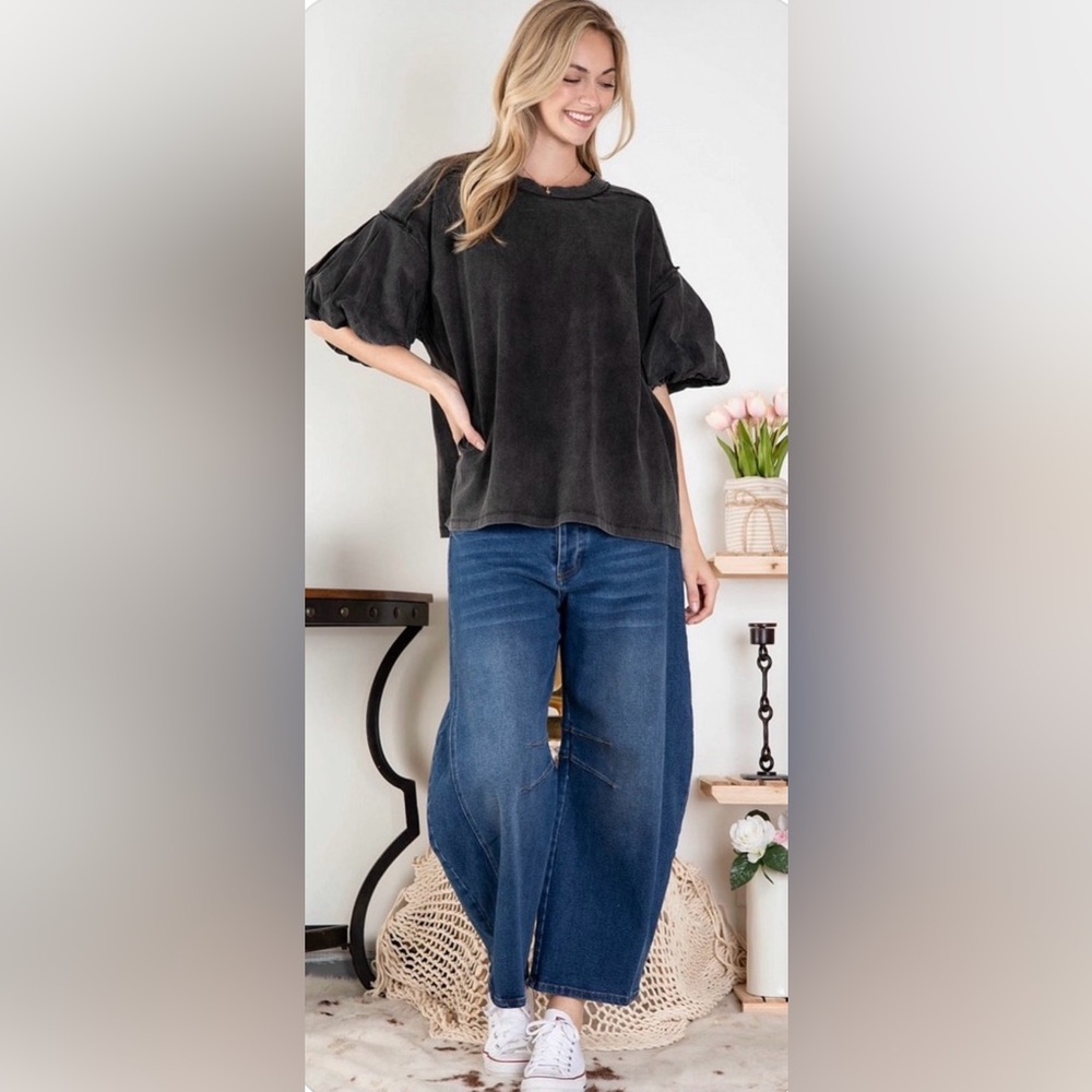 Blue Velvet Mineral Washed oversized balloon sleeve top.